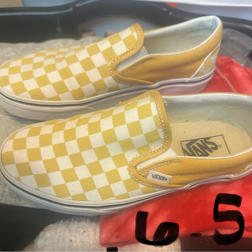Vans Kids Yellow and White Checkered Slip-On Sneakers